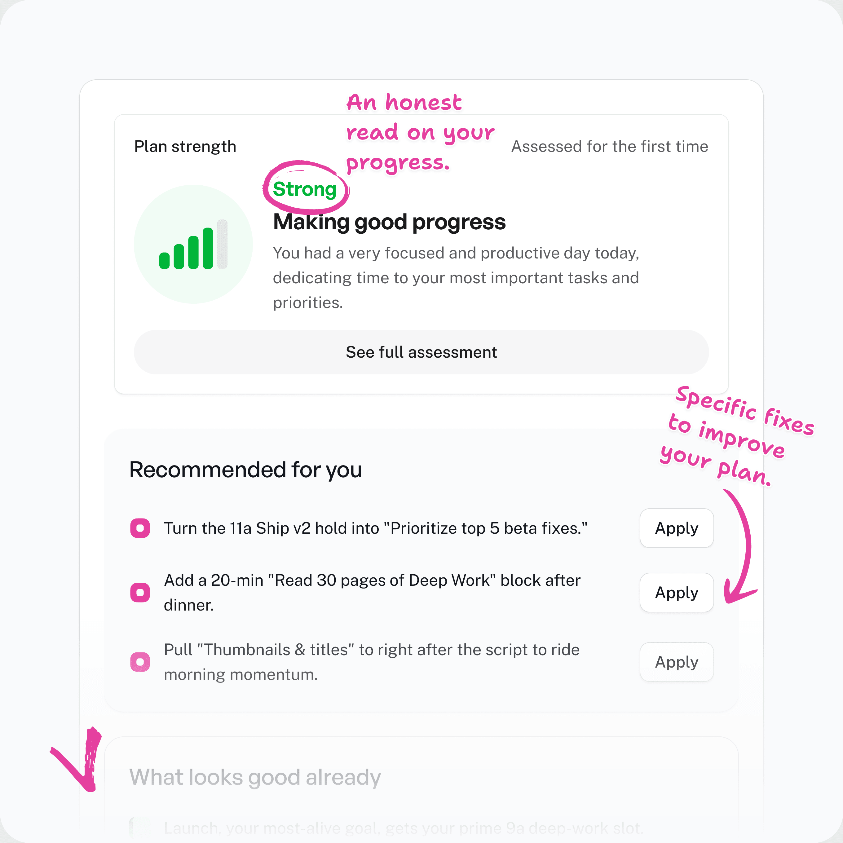Superfocus coaching interface with plan strength and recommended improvements
