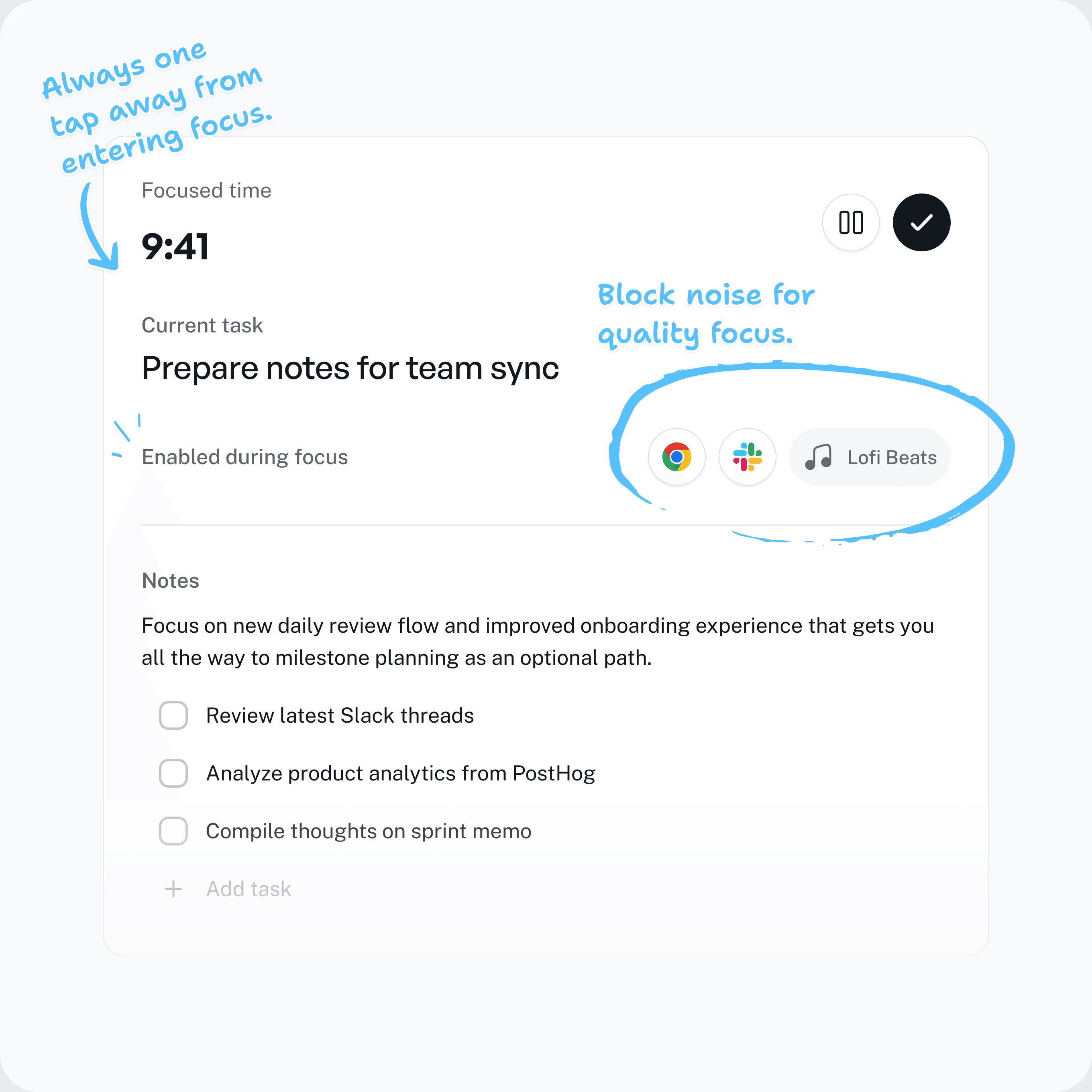 Superfocus focus mode interface showing current task, blockers, music, and notes