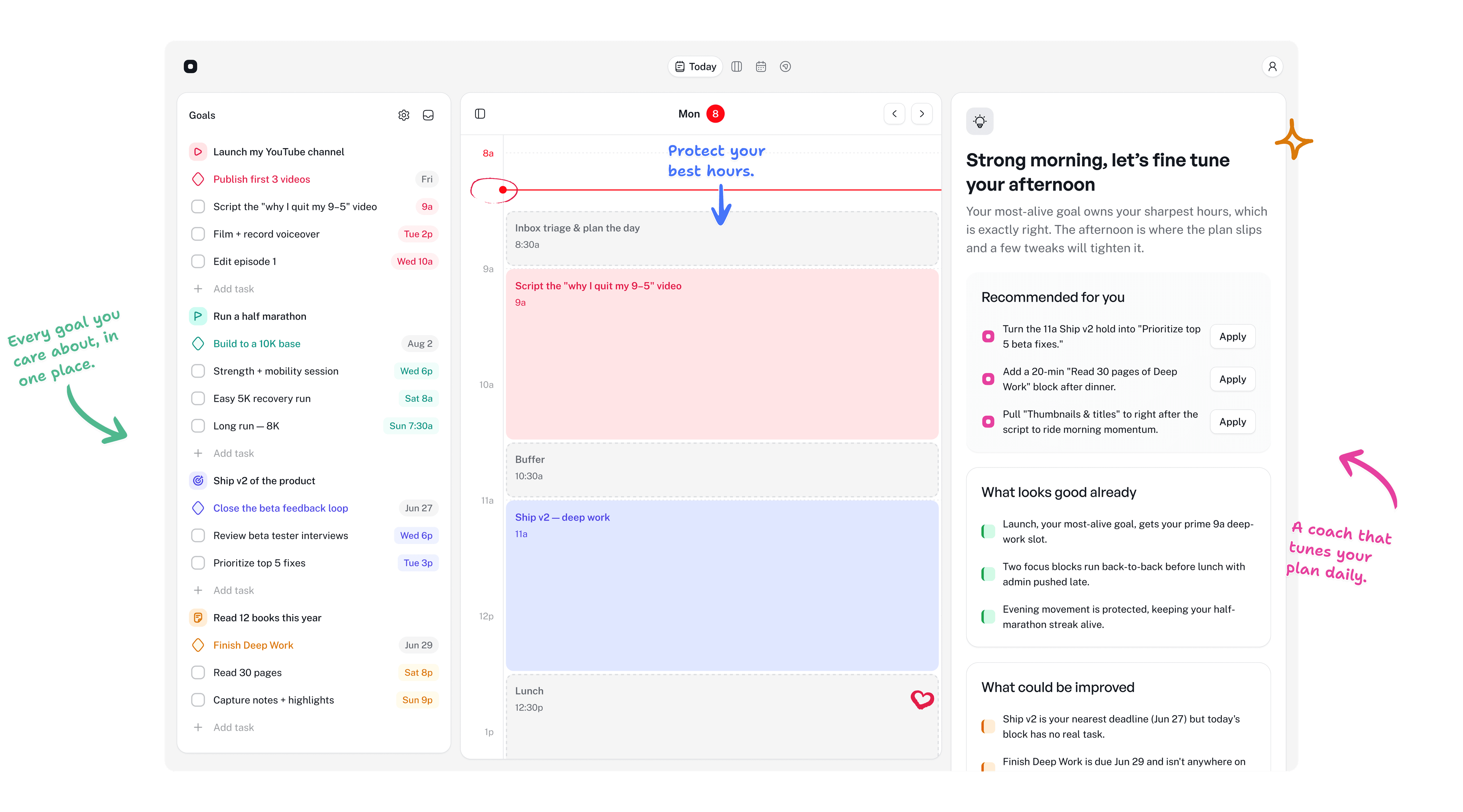 Superfocus product showing goals, calendar, and coaching suggestions with handwritten annotations