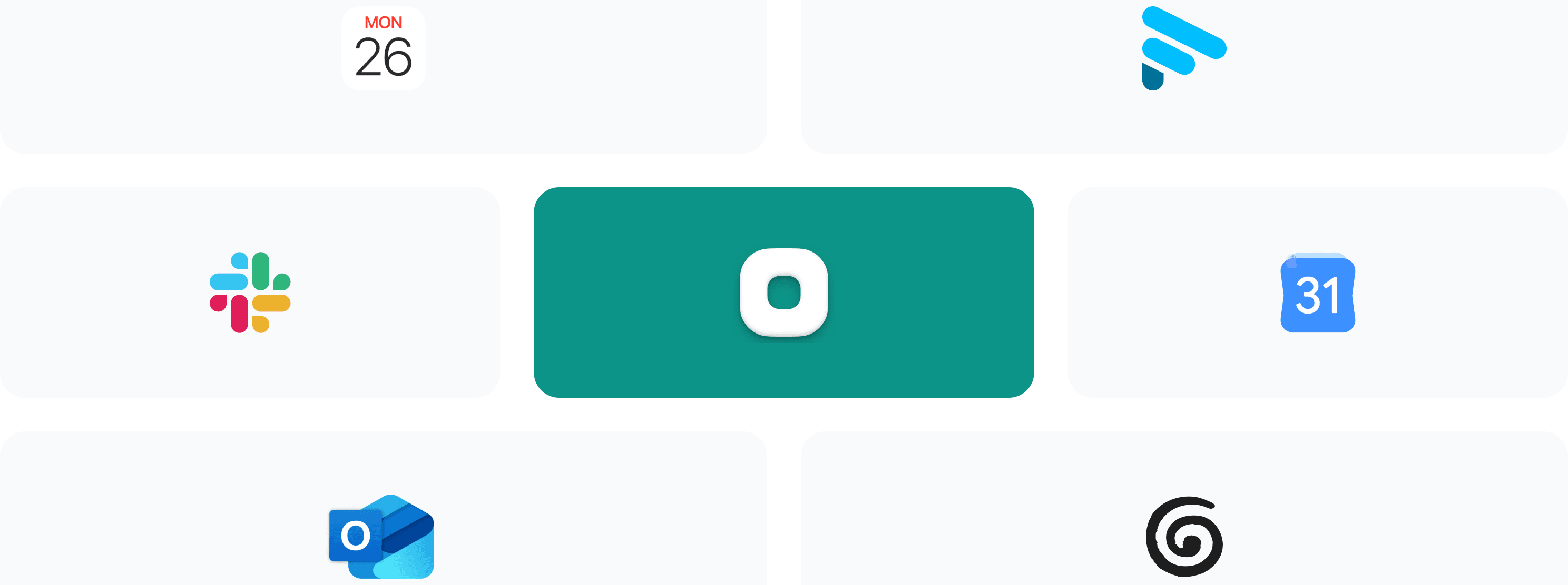 Integrations with Apple Calendar, Fathom, Slack, Superfocus, Google Calendar, Outlook, and Granola