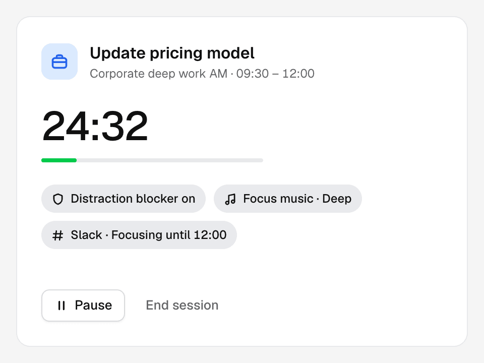 Focus mode: current task, 24:32 timer, distraction blocker on, focus music, Slack status set