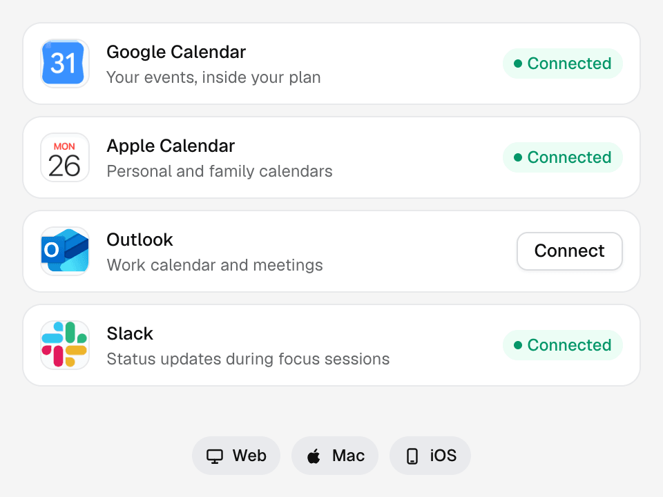 Integration cards with the Google Calendar, Apple Calendar, Outlook and Slack logos, plus web, Mac and iOS
