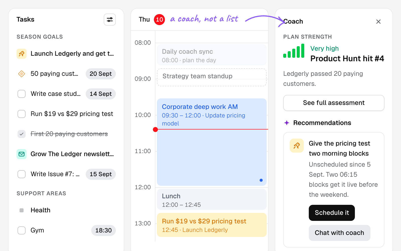 Superfocus: season goals on the left, a time-blocked day in the middle, and the coach panel with a recommendation on the right